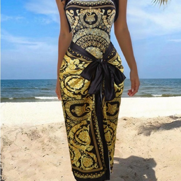 Other - Black and Gold Baroque-Print One-Piece Swimsuit with Tie Straps